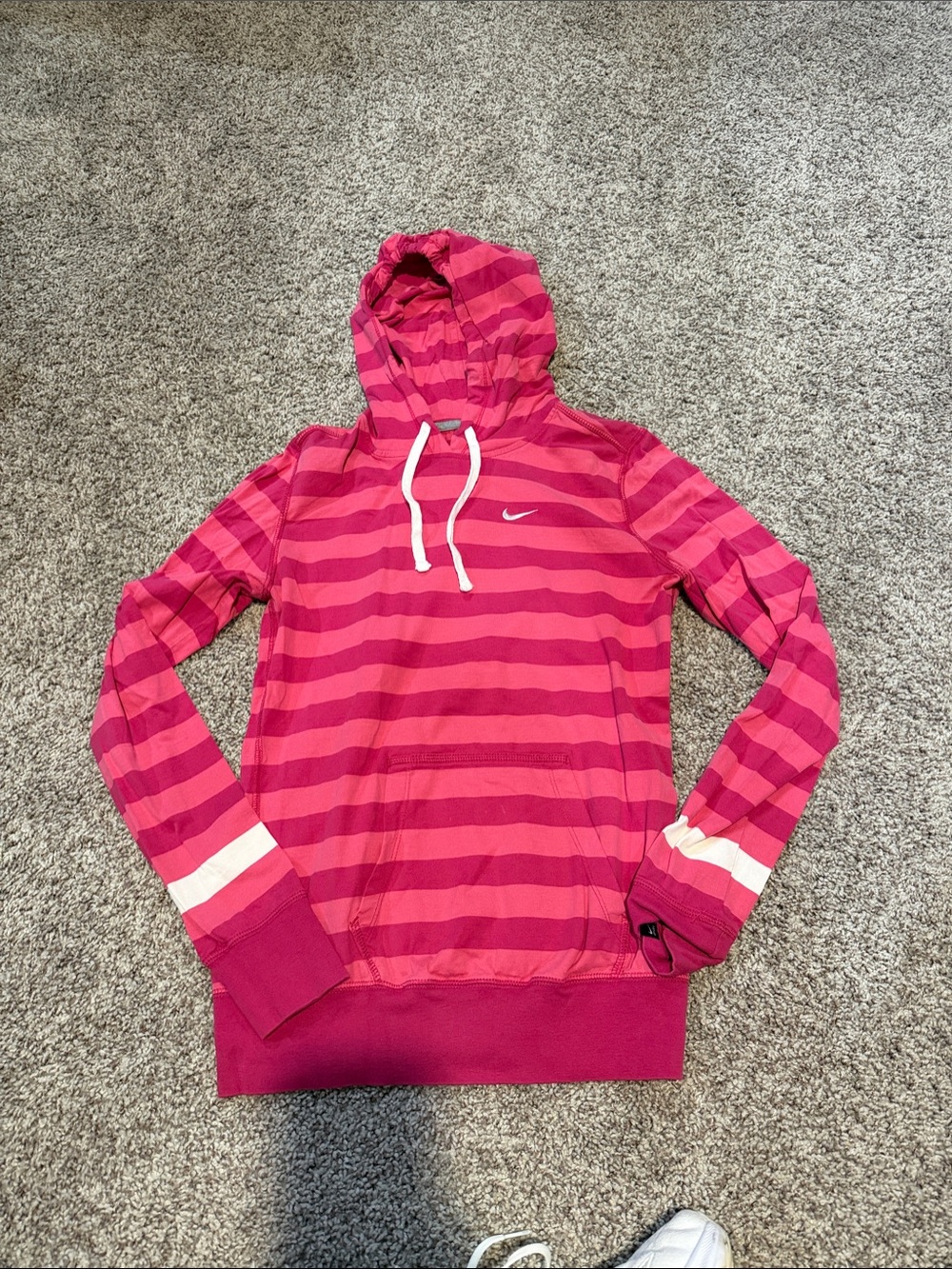 Nike Women’s Pink Striped Hooded Pullover with White Accents